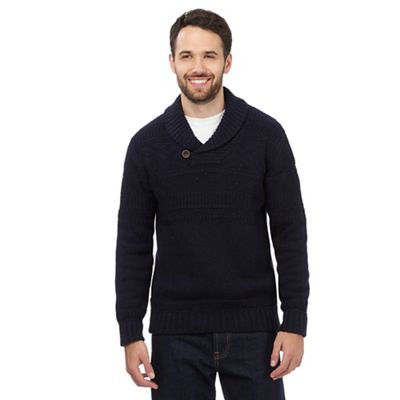 Big and tall navy textured shawl neck jumper with wool